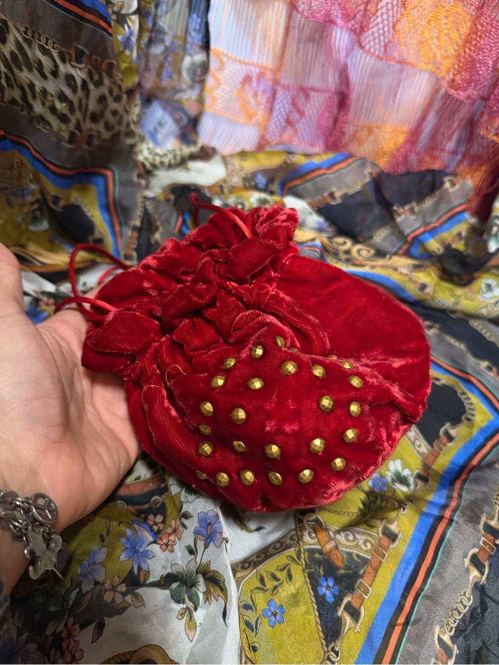Sony Costumes Red Velvet Drawstring Pouch Bag with Stud Detail vintage